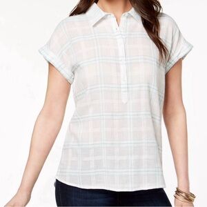 Style & Co Women's Deck Mint Short Rolled Sleeve Button Shirt Size L